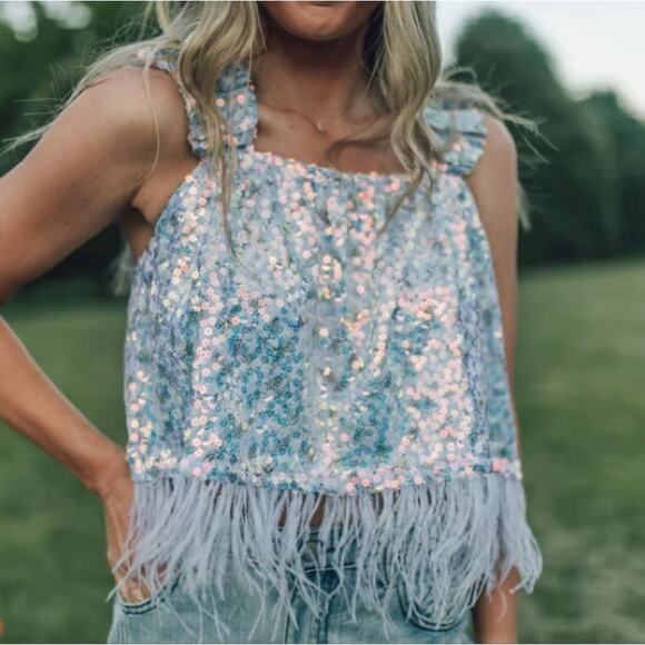 QUEEN OF SPARKLES Tops - Queen of Sparkles Floral Sequin Feather Tank Purple Top Flower Glitter Medium